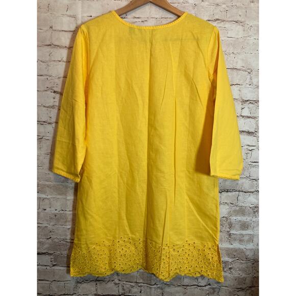 Land's End Tunic Dress Womens Medium Bright Yellow Linen Eyelet Hem Sundress - Picture 12 of 14